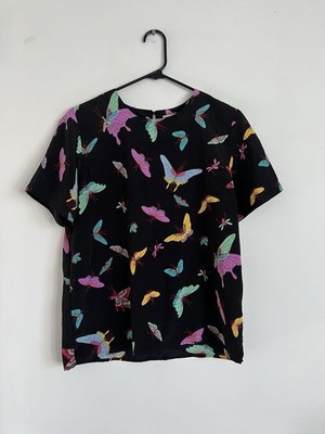 Notations Shirt Blouse Women's Small Black With Butterflies Short Sleeves