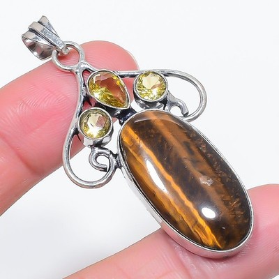 Natürliches Tigerauge Citrin 925 Sterlingsilber Schmuck Anhänger 2,40'' Geschenk c736
