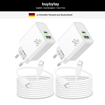 30W 2-Port Schnellladegerät USB-C für iPhone iPad AirPods 2M Kabel