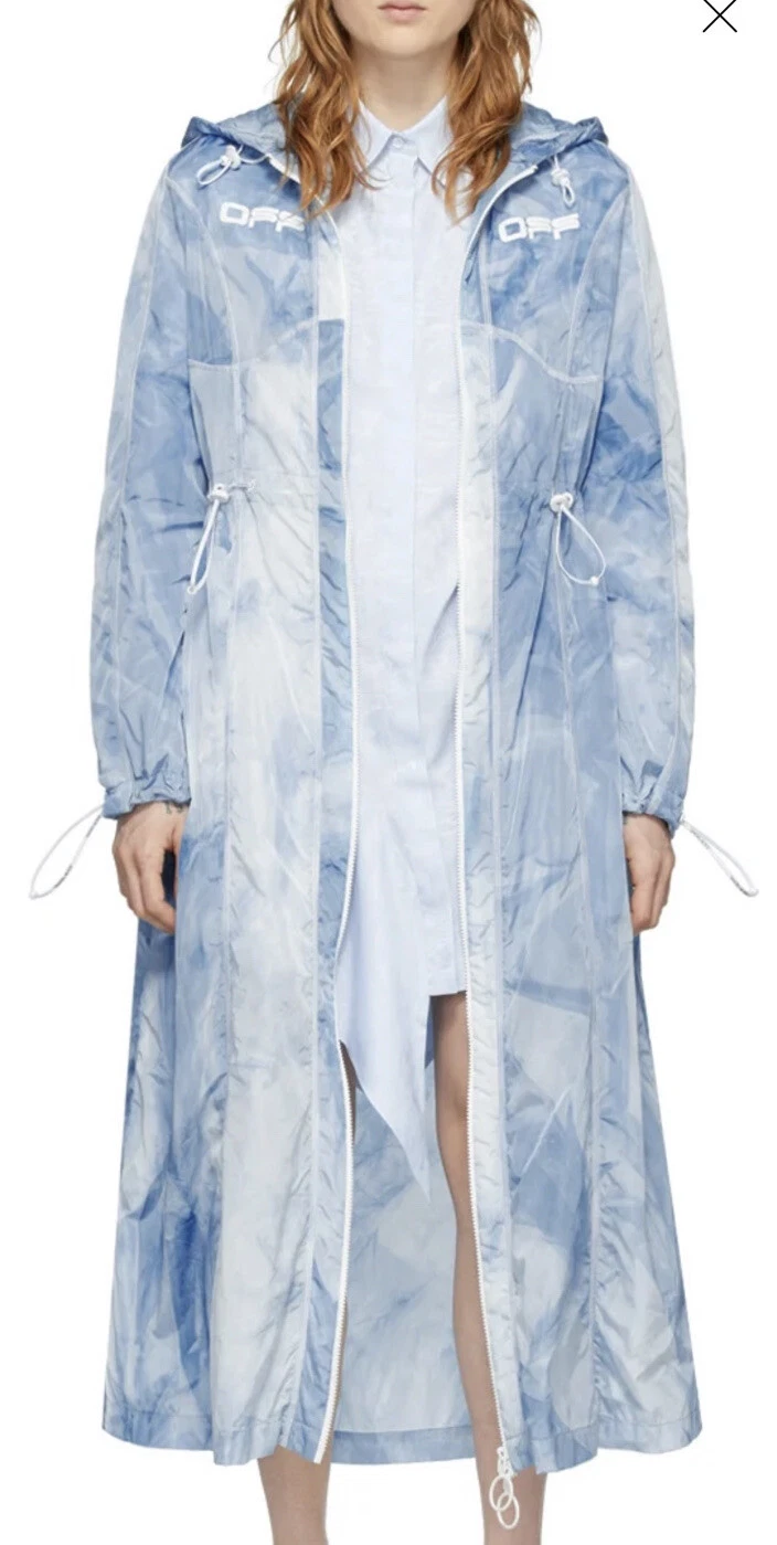 OFF WHITE Giacca impermeabile giacca antipioggia lungo cravatta blu tintura lunga 40 Kylie Techno