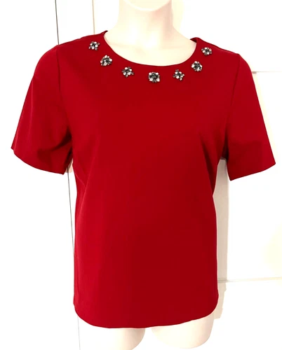 TALBOTS WOMAN RED RHINESTONE NECKLINE SHORT SLEEVE TOP/BACK ZIP SIZE 1X-NWOT