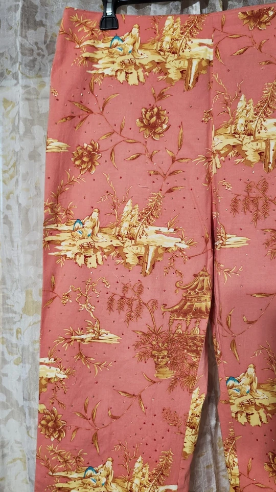 Pantalones para mujer Steven Stolman Studio talla 14 estampado asiático 95 % algodón frente con cuentas Foto 2 de 4