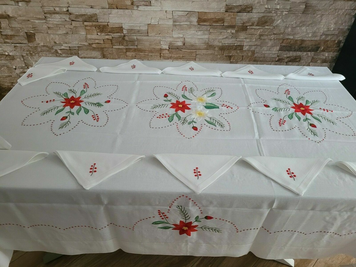 Tovaglia Natalizia Ricamata A Mano In Lino - Bianco, Per 12 Persone - Nuova Con Etichette