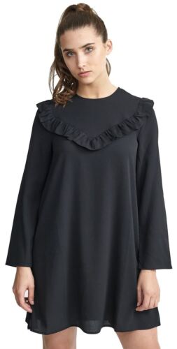 New Womens Black Long Sleeve Woven Front Frill Detail Skater Dress Top 16-22 - Picture 1 of 4