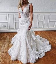 Ruffles Mermaid Wedding Dresses Deep V Neck Backless Lace Bridal Gown with Train