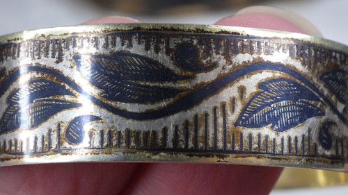 Rare Vintage Silver 875 Niello Bracelet Leaves Swirling Golden Patina Russia - Picture 9 of 14