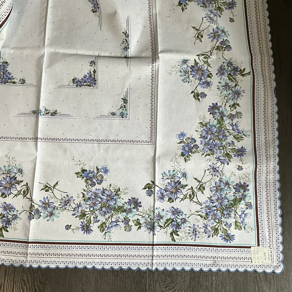 Italian Blue Floral Scalloped Edge 55" x 95" Cotton Tablecloth & 12 Napkins Set - Image 3 of 4