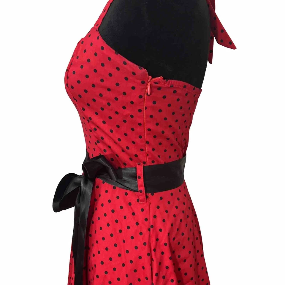Red Polka Dot Halter Dress Sz 10 Rockabilly Waist Tie Bow Peplum Pinup Fit Flare - Image 4 of 4