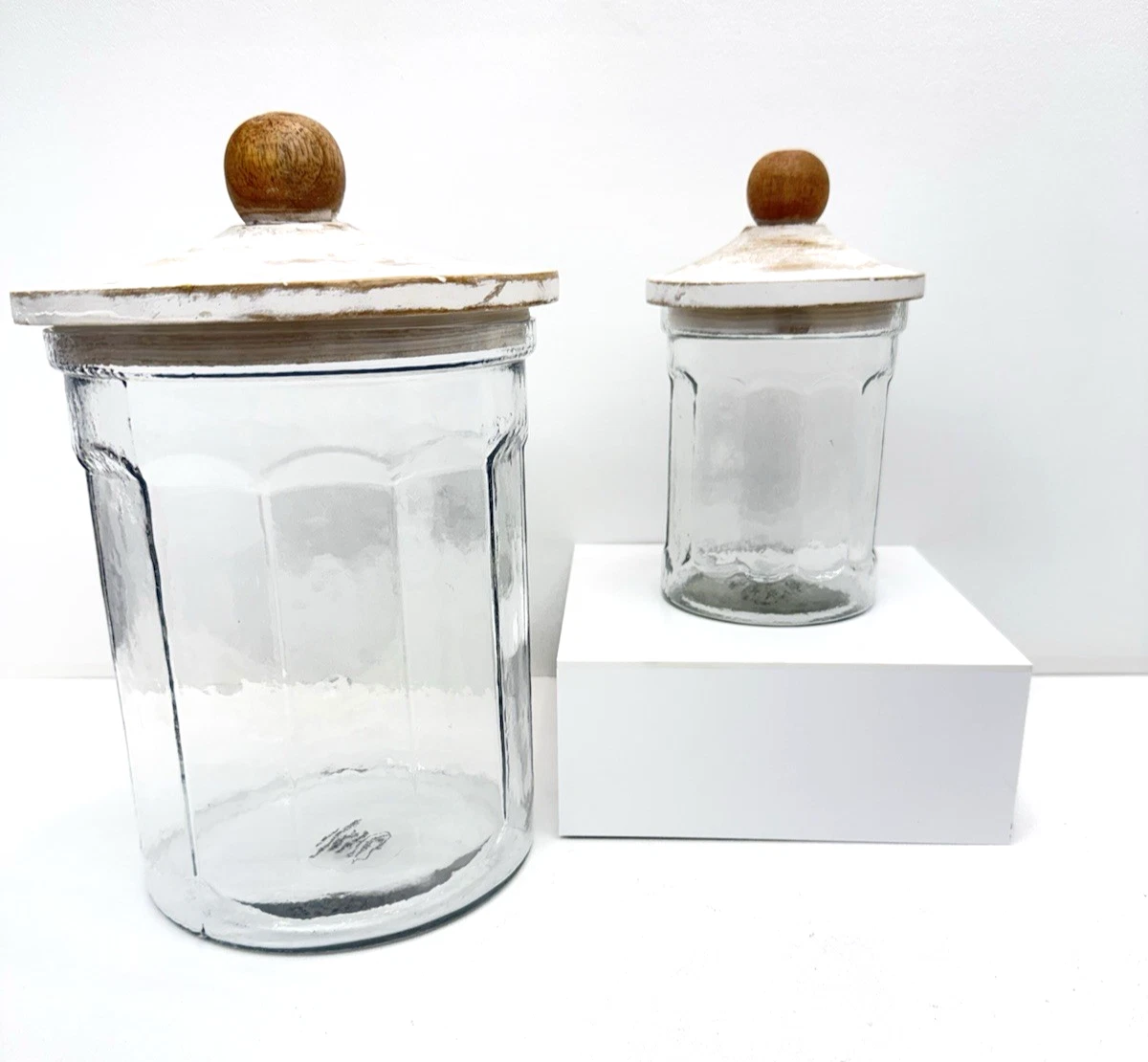 Mudpie Set of 2 Fluted Glass Canisters With Mango Wood Lids Farmhouse Style