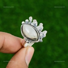 Natural Rainbow Moonstone 925 Silver Multi Stone Adjustable Ring For Women