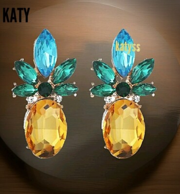 Gold Pineapple Fruit Earrings Blue Green Crystal Diamante Stud Vintage Look Gift
