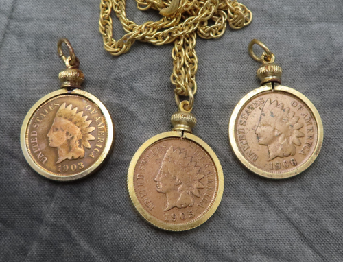 3 Indian Head Cent Penny Halsketten Vintage 1903 1905 1906 Kupfermünzen Lot 307f