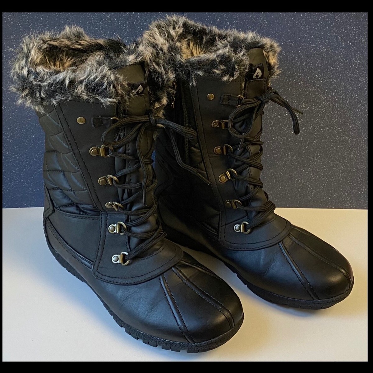 Sporto Women's Winter Snow Boots SZ Warm Faux Fur Lined Mid Calf Black  Quilted