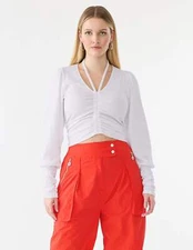 GSTQ Women's Drawstring Long Sleeve Top White Size X-Small