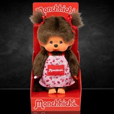 8" Large Monchhichi Doll - Girl in Pink Fruit and Flower Apron - Authentic