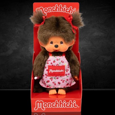 8'' Large Monchhichi Doll - Girl in Pink Fruit and Flower Apron - Authentic