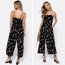MINKPINK Jumpsuit Women Small Black Pink Floral Wide Leg Cropped Spaghetti Strap