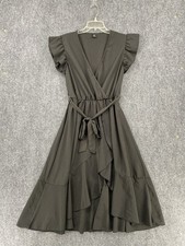 SHEIN Black Ruffle MIDI Wrap Dress V Neck Short Sleeve Womens Large 8/10 Classic