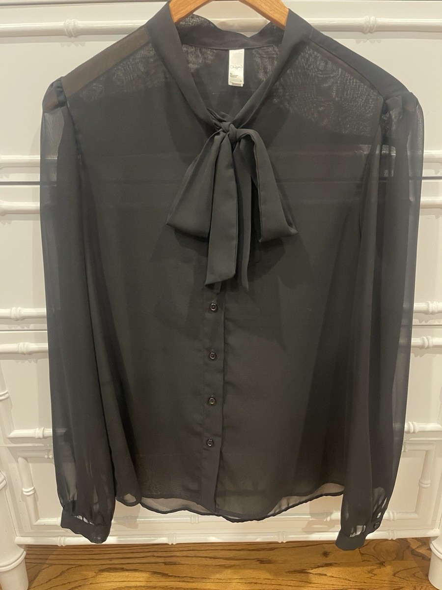 American Apparel Chiffon Sheer Bow Neck Button Black Long Sleeve Blouse  Size L