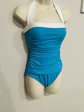 Ralph Lauren Bel Aire Pinup Style Halter Ruched One Peice Swimsuit Aqua Blue 6