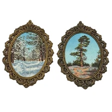 (2) VTG Ornate Oval Brass Italy Pictures Hand Painted Art Winter Scenery 6.75”