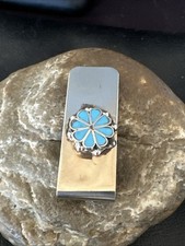 Mens Blue Turquoise Zuni Credit Card Holder Stamped Silver Money Clip 19274