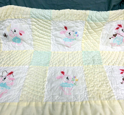 Vtg Hand Stitched Cross Stitch Bunny Rabbit Baby Blanket Quilt 50'' x 34'' Nursery
