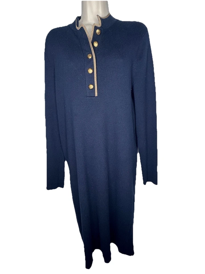 Lauren Ralph Lauren Navy Gold Button Sweater Dress Midi Knit Size Large Stretch - Image 2 of 4