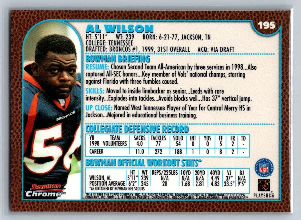 1999 Bowman Chrome #195 Al Wilson - Image 2 of 2