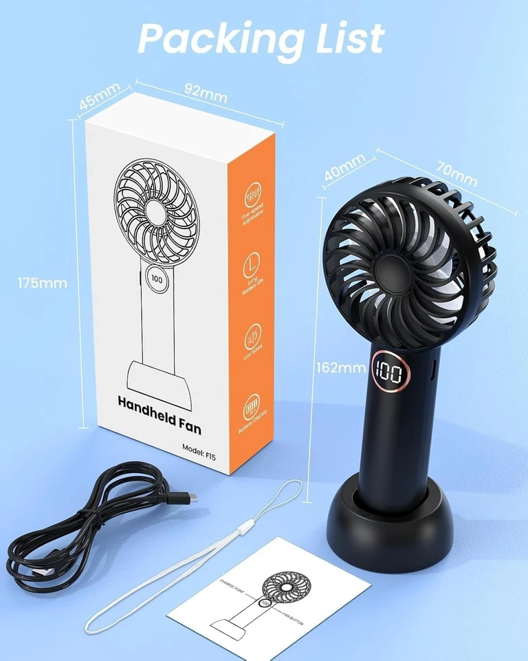 AOSTOK Ventilatore a mano, ventilatore portatile USB 5 velocità 4000 mAh NERO - Immagine 2 di 4