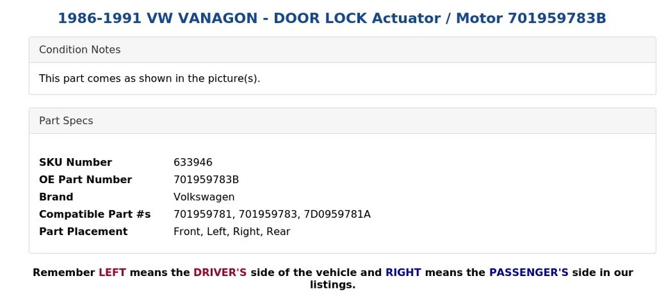1986-1991 VW VANAGON - DOOR LOCK Actuator / Motor 701959783B - Image 3 of 4