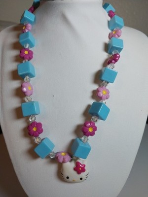 Sanrio Hello Kitty Pink Flowers Blue Cube Beads Stretch Necklace '76, '11 Sanrio