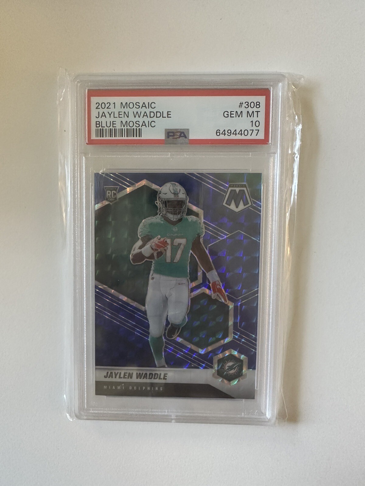 2021 Panini Mosaic Jaylen Waddle Blue Mosaic Prizm /99 Rookie RC #308 PSA 10
