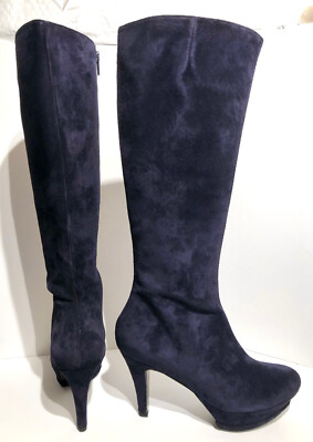 NIB! $500 37 6.5 7 Pura Lopez Blue Suede Leather Knee High Heel Platform Boots