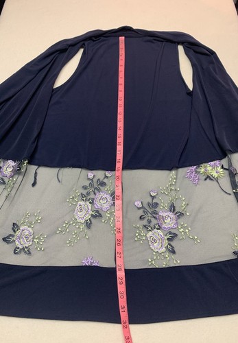 Susan Graver Open Front Tunic Vest-Navy Knit W/ Floral Embroidered Mesh Hem Sz S - Picture 9 of 9