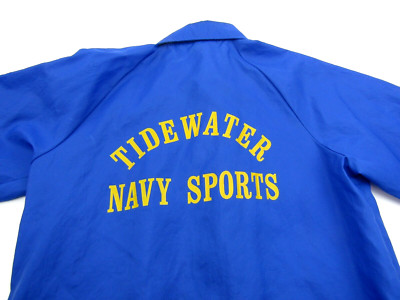 VTG Navy Sports Windbreaker Jacket Mens Large Blue Nylon Snap Button Tidewater