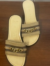 Vero Cuoio Women's Low Slip-on Heels Made In Italy Gold Tan Chain Accent Sz 6
