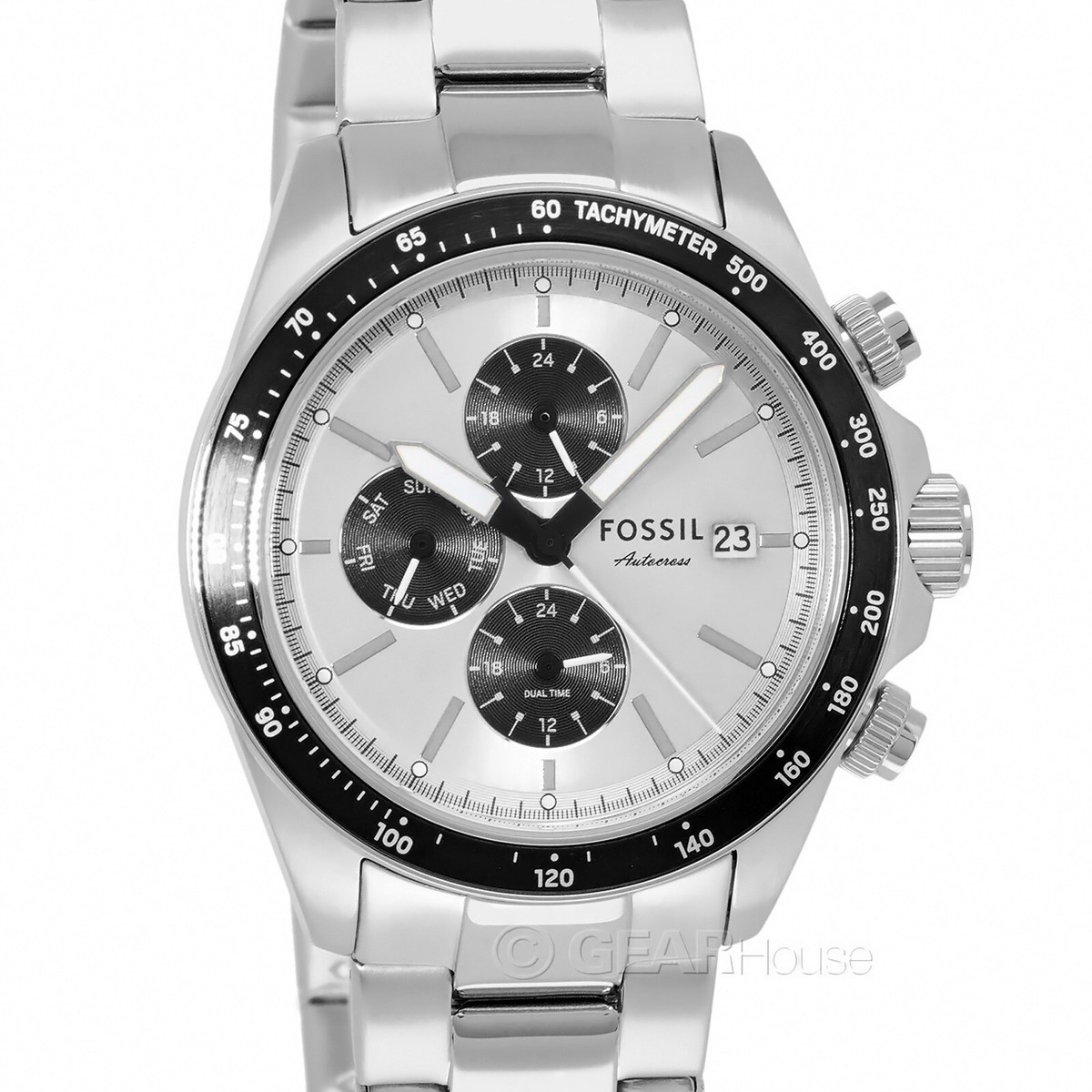 FOSSIL Autocross Mens Dual Time Multifunction Watch Silver Black