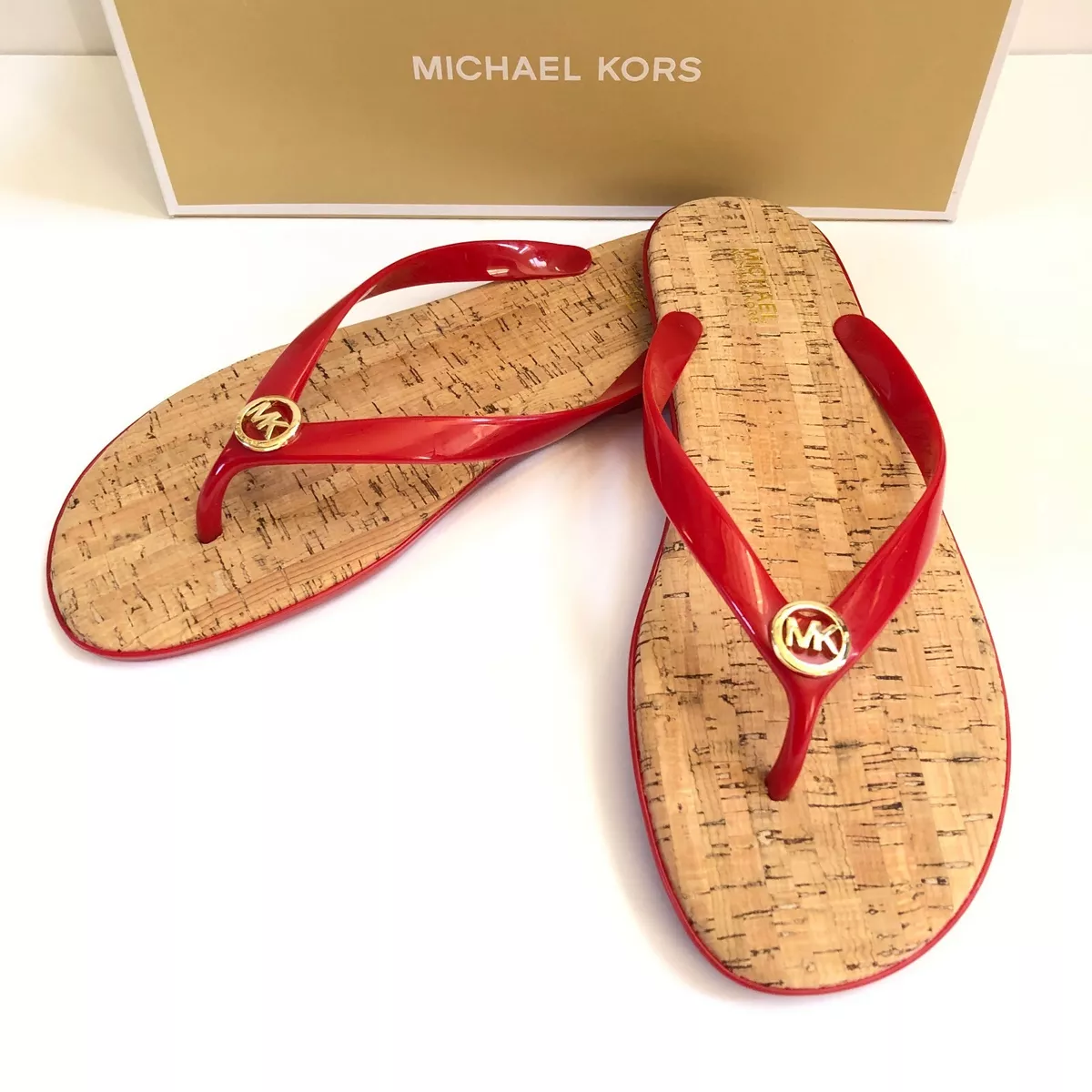 NEW Michael Kors Red MK Logo Cork Flip Flops Jelly Sandals 6 7 8 9 10 11