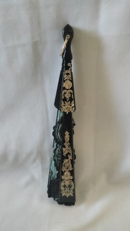 Spanish 24"Wide 13" Long Black With Gold Hand Fan Plastic And Cloth eBay