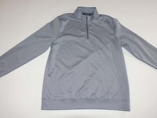 Hickey Freeman Men's 1/4 Zip Sweater Medium Gray Striped Pullover Polyester Golf