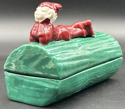 Vintage Gilner California Pottery Red Elf Pixie Green Log Lidded Trinket Box