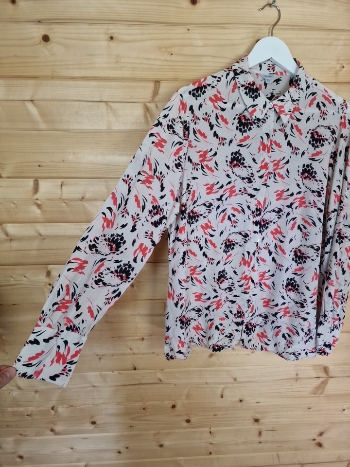 Jigsaw 100 Silk Floral Blouse UK 16 Cream Long Sleeve Concealed