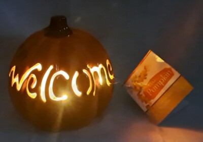Orange with Brown Stem Ceramic Pierced LED WELCOME Light Up  Pumpkin, NEW !