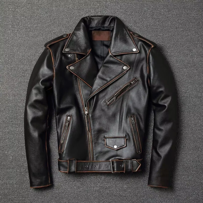 Mens Vintage Brown Leather Motorcycle Jacket Biker Slim Fit Classic Retro Casual