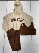 Shein 3 Piece Tan Brown Outfit Set Hoodie Bra Pants Womens Size Medium