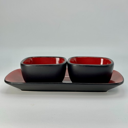 2 cuencos de postre Corningware Hearthstone chile rojo negro con plato para servir - Imagen 2 de 10