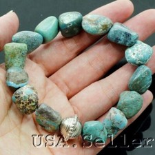 Blue Turquoise Bracelet Rough Nugget Beads Stretch Kingman Healing Stone 7.5"