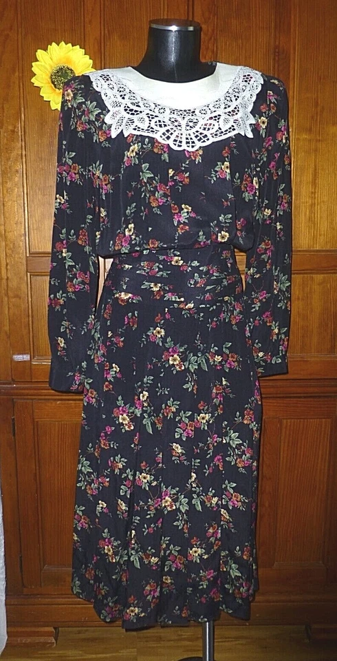 Vtg 80s Karin Stevens Floral Lace Pleated Skirt Cottage core Tea Party Dress M L - Image 2 of 4