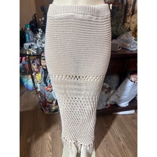 Cream Crochet Knit Maxi Skirt Boho Fringe High Slit Beach Cover Up Beige Large